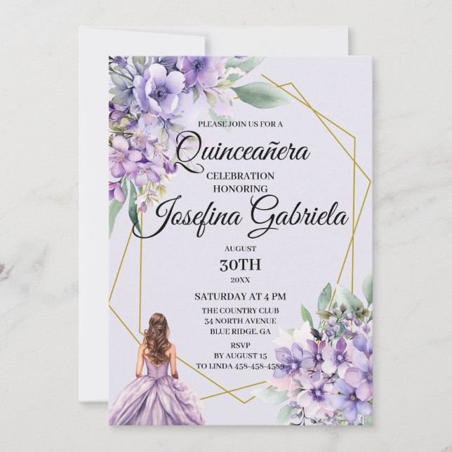 Lavender floral Quinceañera Invitation Einladung (Vorderseite)