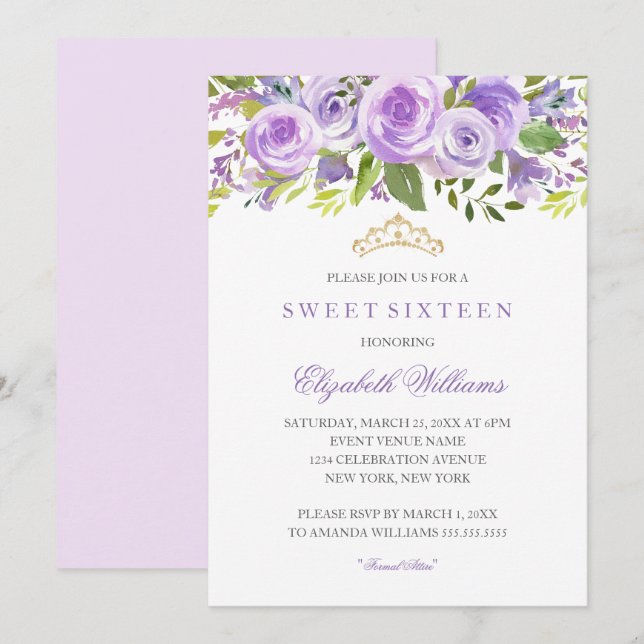 Lavender Floral Rose 16 . Geburtstag Einladung (Vorne/Hinten)