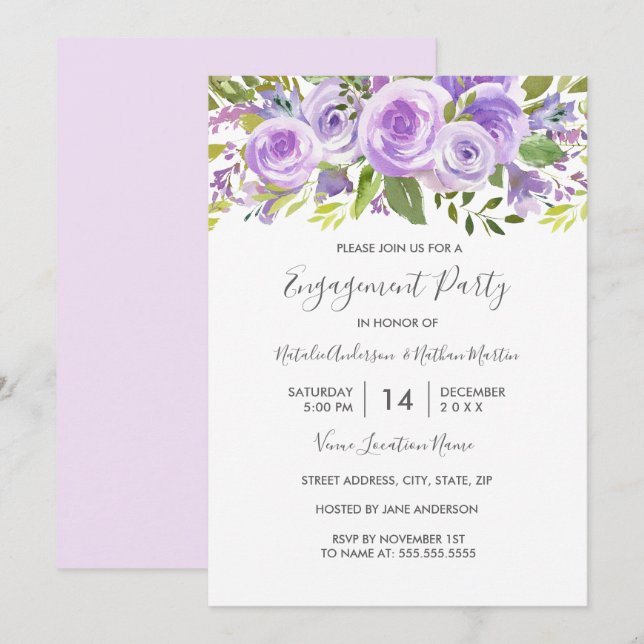 Lavender Floral Rose Wedding Party Einladung (Vorne/Hinten)