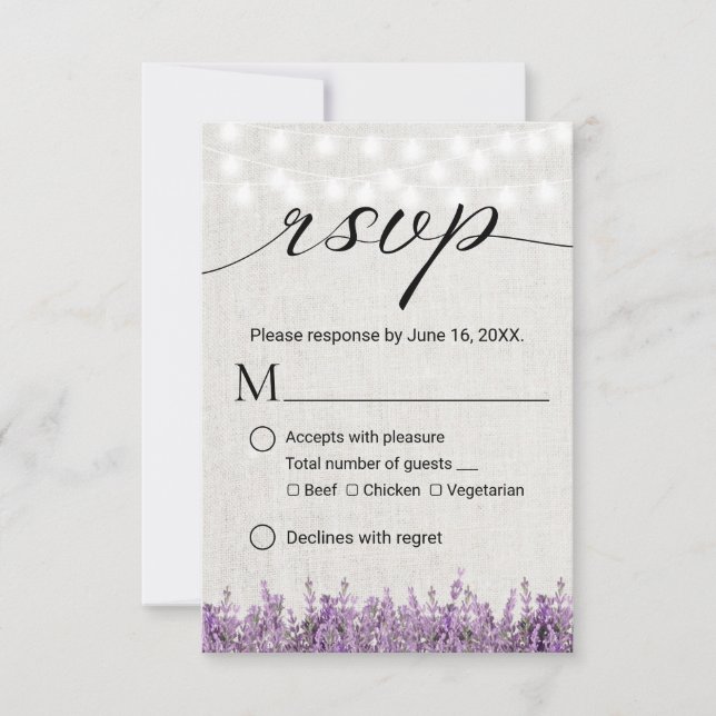 Lavender Floral Rustic Linen Wedding RSVP (Vorderseite)