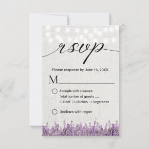 Lavender Floral Rustic Linen Wedding RSVP Karte