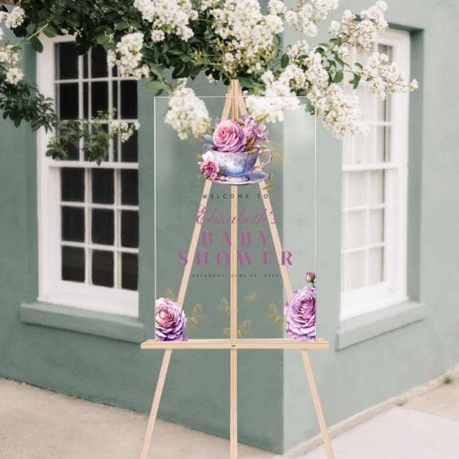 Lavender Floral Tea Cup Baby Dusche Willkommen Acrylschild (Lavender Floral Tea Cup Baby Shower Welcome Acrylic Sign)