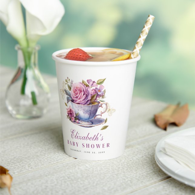 Lavender Floral Tea Cup Baby Shower Paper Cups Pappbecher (In Situ)
