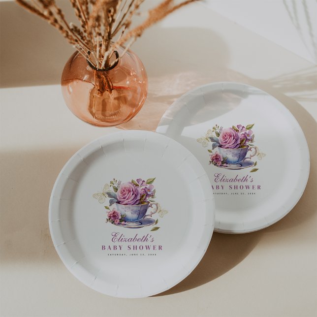 Lavender Floral Tea Cup Baby Tea Party Baby Shower Pappteller (Lavender Floral Tea Cup Baby Tea Party Baby Shower Paper Plates #babyteaparty
#butterflybabyshower)