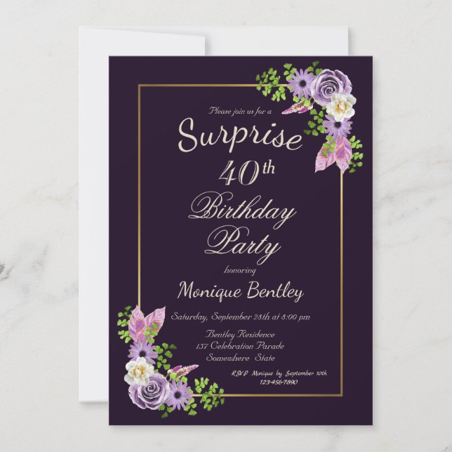 Lavender Floral Überraschung 40. Geburtstag Party Einladung (Vorderseite)