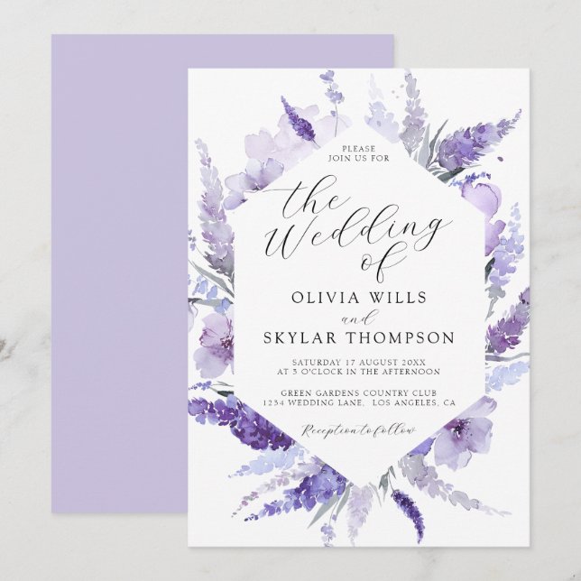 Lavender Floral Watercolor Botanical Boho Wedding Einladung (Vorne/Hinten)