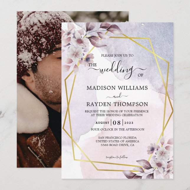 Lavender Floral Watercolor Goldene Hochzeit Einladung (Vorne/Hinten)