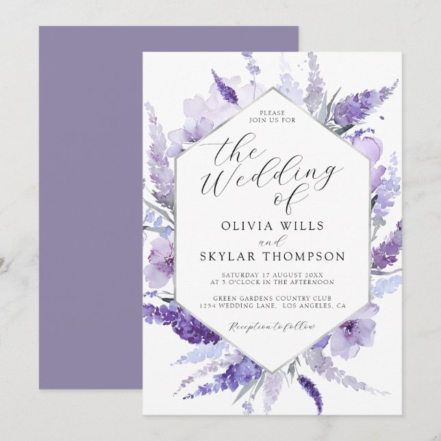 Lavender Floral Watercolor Silver Frame Wedding Einladung (Vorne/Hinten)
