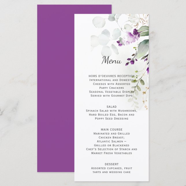 Lavender Floral Wedding Menü Lila Menükarte (Vorne/Hinten)