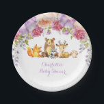 Lavender Floral Woodland Animals Baby Dusche Pappteller<br><div class="desc">Wunderschöne Holzplatte mit lila Aquarellfarben-Rose und bezaubernden Waldtieren Perfekte Dekoration für Babydusche,  Babysprinkle,  Geburtstagsparty,  etc.</div>
