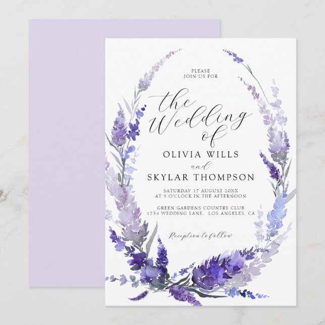 Lavender Floral Wreath Botanical Lilac Wedding Einladung (Vorne/Hinten)