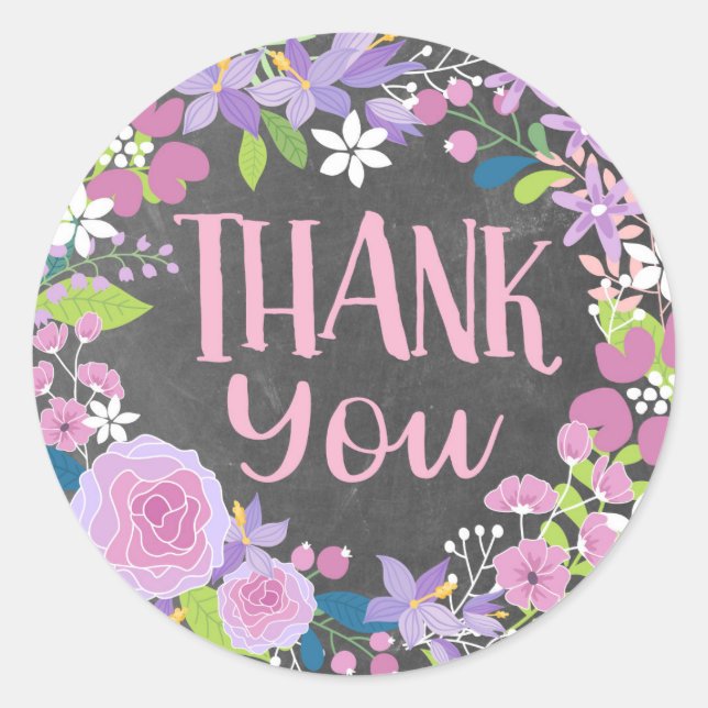 Lavender Floral Wreath Chalkboard Vielen Dank Runder Aufkleber (Vorderseite)