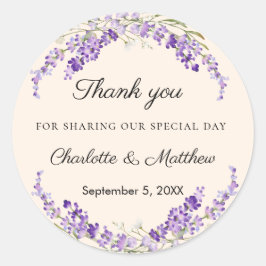 Lavender florals cream champagne wedding thank you runder aufkleber