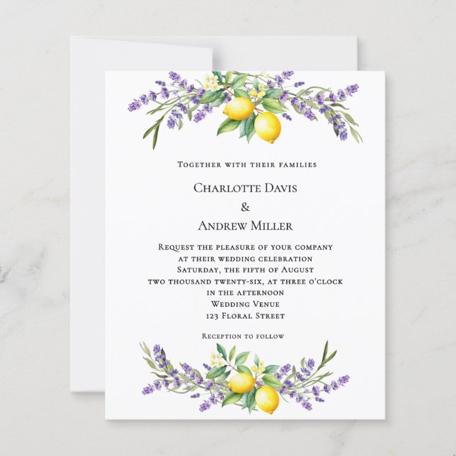 Lavender florals lemons wedding invitation (Vorderseite)