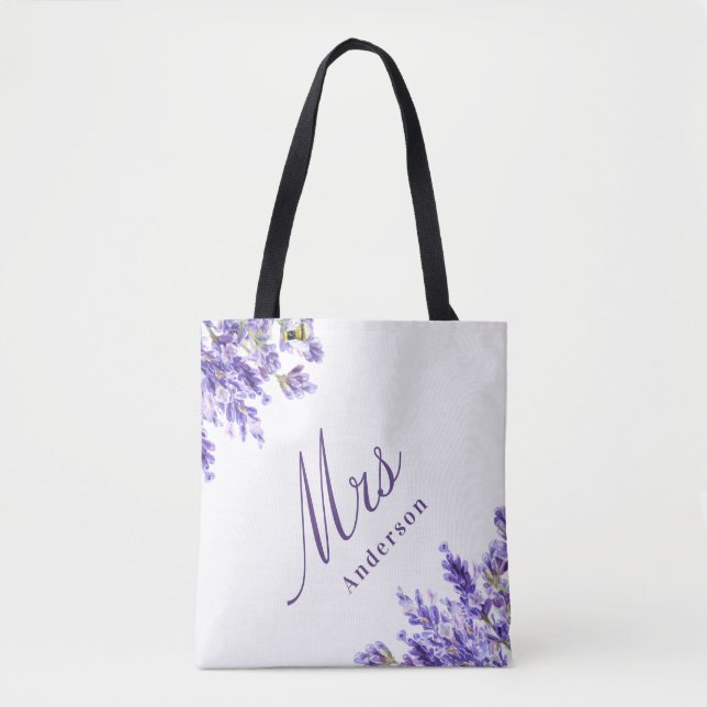 Lavender florals violettes Drehbuch Namen Hochzeit Tasche (Vorderseite)