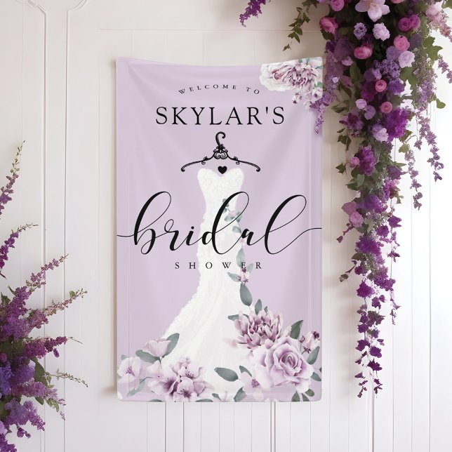 Lavender Florals White Wedding Dress Brautparty Banner (Lavender Florals White Wedding Dress Bridal Shower Banner)