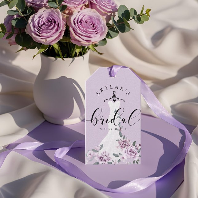 Lavender Florals White Wedding Dress Brautparty Geschenkanhänger (Lavender Florals White Wedding Dress Bridal Shower Gift Tags)