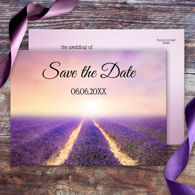 Lavender Flower Country Enregistrer la date Carte  (Save the Date postcard with a painting of lavender flower field - purple - lilac)