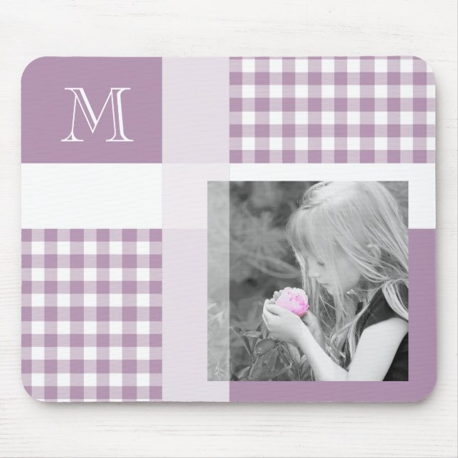 Lavender Fügen Sie Ihr Foto Gingham Modern Monogra Mousepad (Vorne)