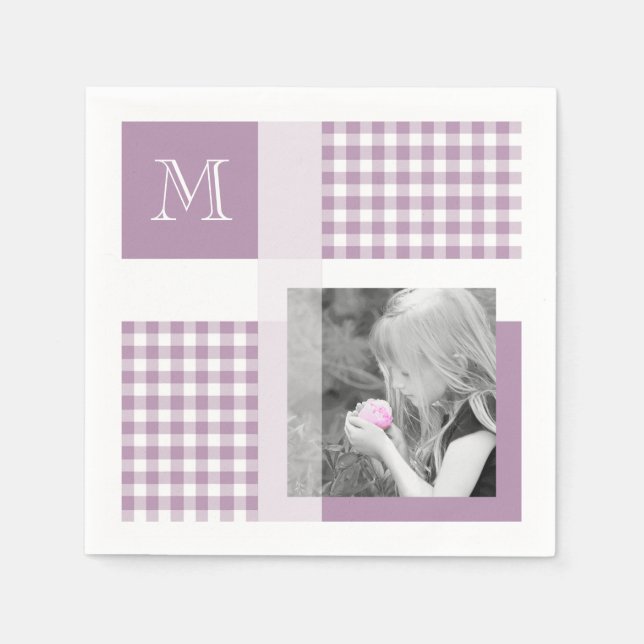 Lavender Fügen Sie Ihr Foto Gingham Modern Monogra Serviette (Vorderseite)