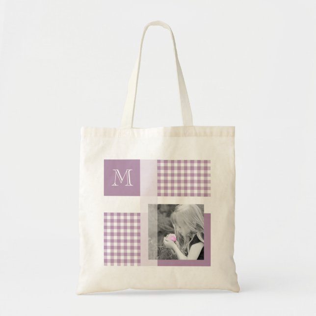 Lavender Fügen Sie Ihr Foto Gingham Modern Monogra Tragetasche (Vorne)