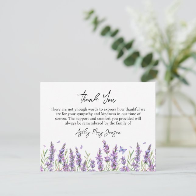 Lavender Funeral Thank You Card Bereavement Dankeskarte (Stehend Vorderseite)