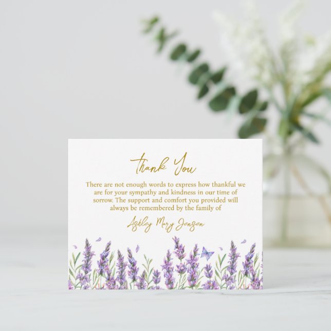 Lavender Funeral Thank You Card Bereavement Dankeskarte (Stehend Vorderseite)