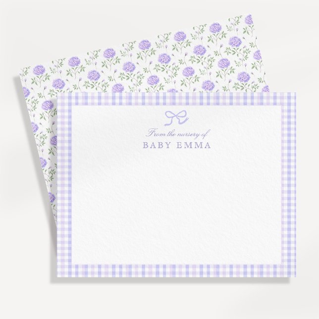 Lavender Gingham & Floral Baby Note Card Einladung (Von Creator hochgeladen)