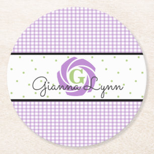 Lavender Gingham Mit Monogramm Runder Pappuntersetzer