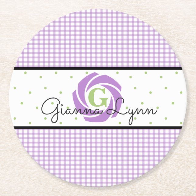Lavender Gingham Mit Monogramm Runder Pappuntersetzer (Vorderseite)
