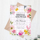 Lavender Gingham Spring Floral Bridal Shower Einladung<br><div class="desc">Celebrate the bride-to-be with this charming Lavender Gingham Spring Floral Bridal Shower Invitation, featuring a sweet painted soft florals on a pale purple gingham background. The delicate artwork and cozy cottage-inspired style make it perfect for garden parties, spring showers, and elegant brunch gatherings. Available as an instant download PDF for...</div>