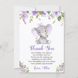 Lavender Girl Erster Geburtstag Elefant Lila Dankeskarte