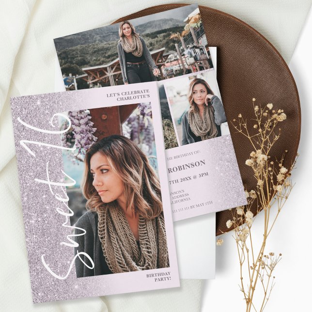 Lavender glitter ombre script 4 photos Sweet 16 Einladung (Von Creator hochgeladen)