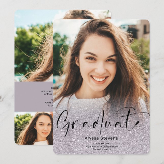 Lavender Glitzer ombre script 4 Foto Abschluss Ankündigung (Vorne/Hinten)