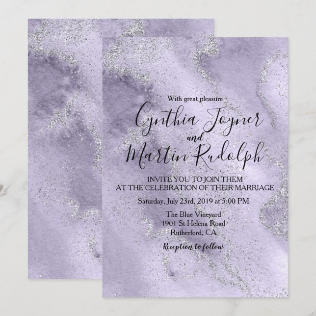 Lavender Glitzer Watercolor Einladung zur Hochzeit (Vorne/Hinten)