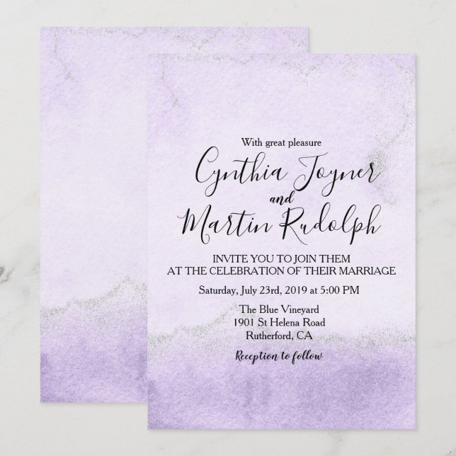 Lavender Glitzer Watercolor Einladung zur Hochzeit (Vorne/Hinten)