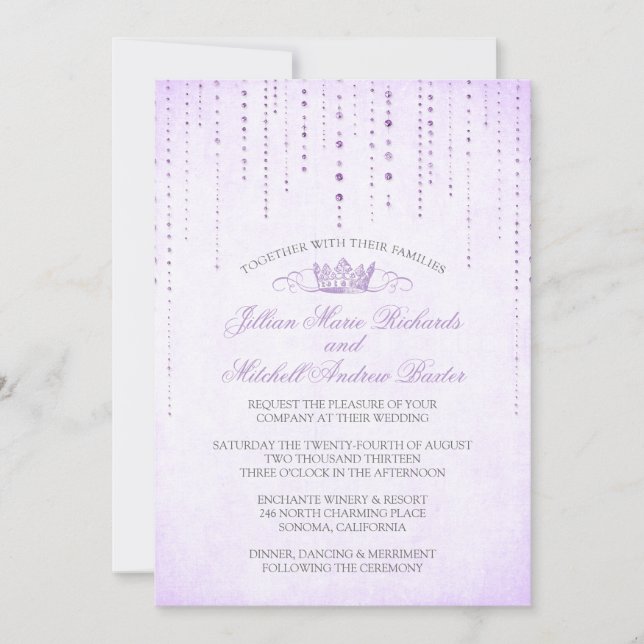 Lavender Glitzern & Crown Mairytale Wedding Einladung (Vorderseite)
