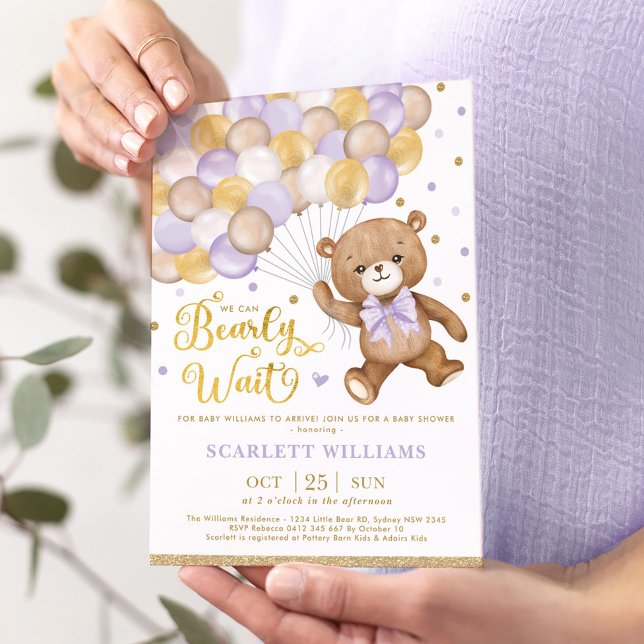 Lavender Gold Brown Teddy Bear Girl Baby Dusche Einladung (Von Creator hochgeladen)