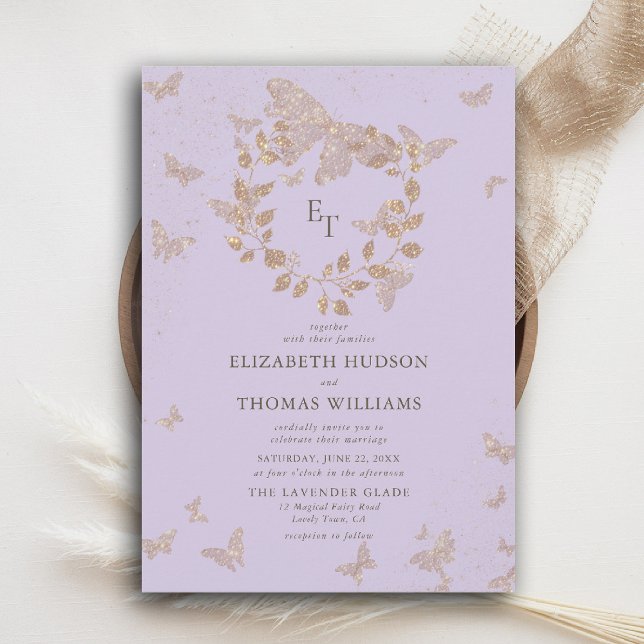 Lavender Gold Butterflies Monograms Wreath Wedding Einladung (butterfly wedding invitation lavender gold purple eucalyptus crest elegant modern classic romantic)