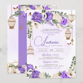 Lavender Gold Butterfly Floral Elegantes Quinceañe Einladung