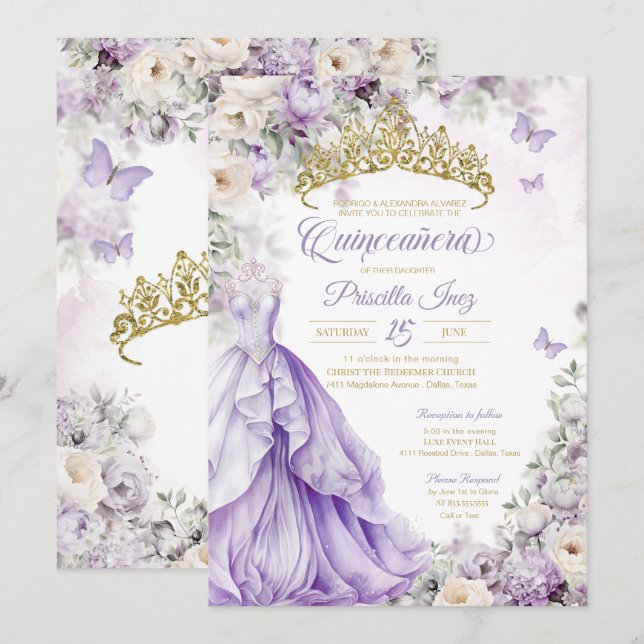 Lavender & Gold Butterfly Princess Quinceañera Einladung (Vorne/Hinten)