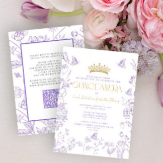 Lavender Gold Butterfly QR Quinceañera Quince Años Einladung