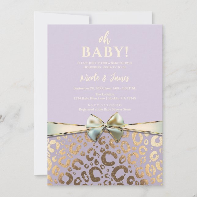 Lavender Gold Cream Glam Leopard Print Baby Dusche Einladung (Vorderseite)
