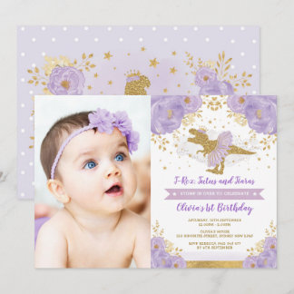 Lavender Gold Dinosaur T Rex Girl Birthday Foto Einladung