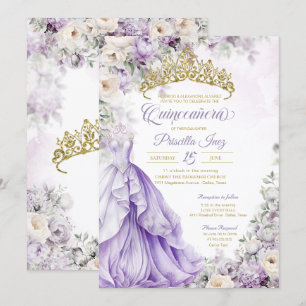 Lavender Gold Elegante Gown Princess Quinceañera Einladung