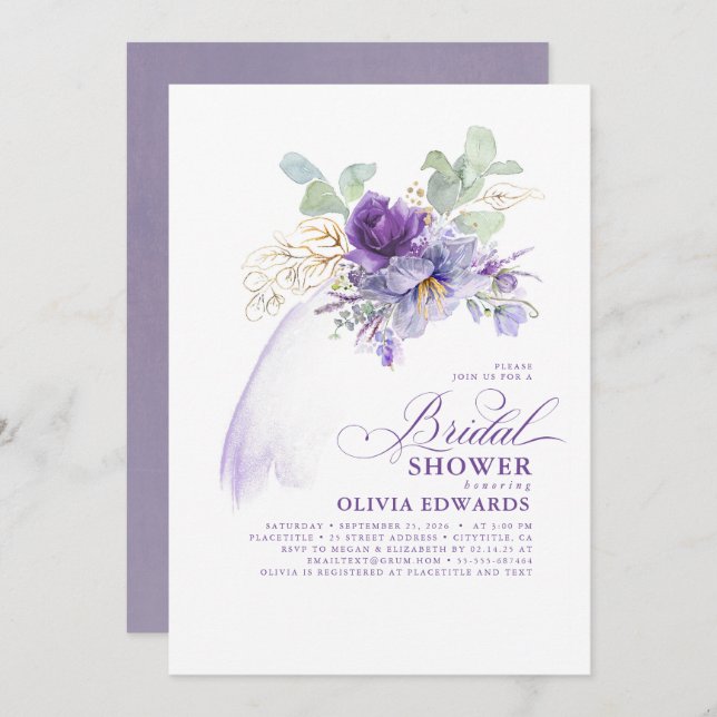 Lavender & Gold Elegante Modernes Boho Brautparty Einladung (Vorne/Hinten)