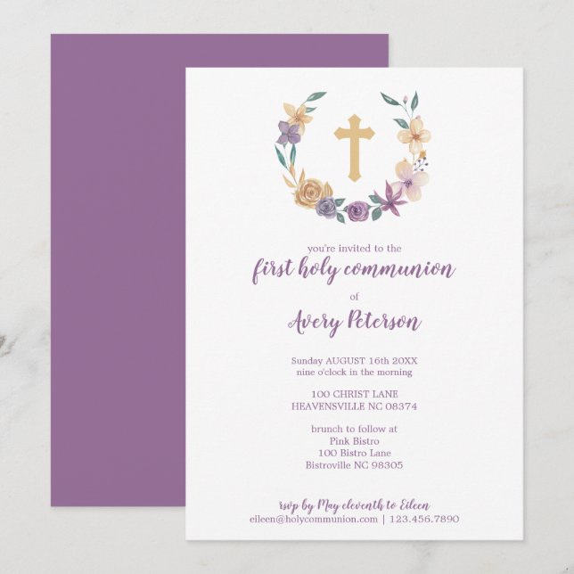 Lavender & Gold Floral Cross Erste Heilige Kommune Einladung (Vorne/Hinten)