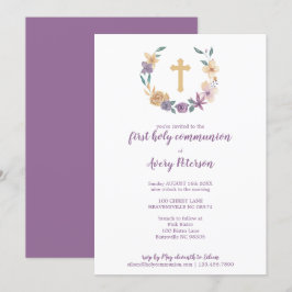 Lavender & Gold Floral Cross Erste Heilige Kommune Einladung
