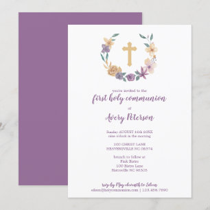 Lavender & Gold Floral Cross Erste Heilige Kommune Einladung