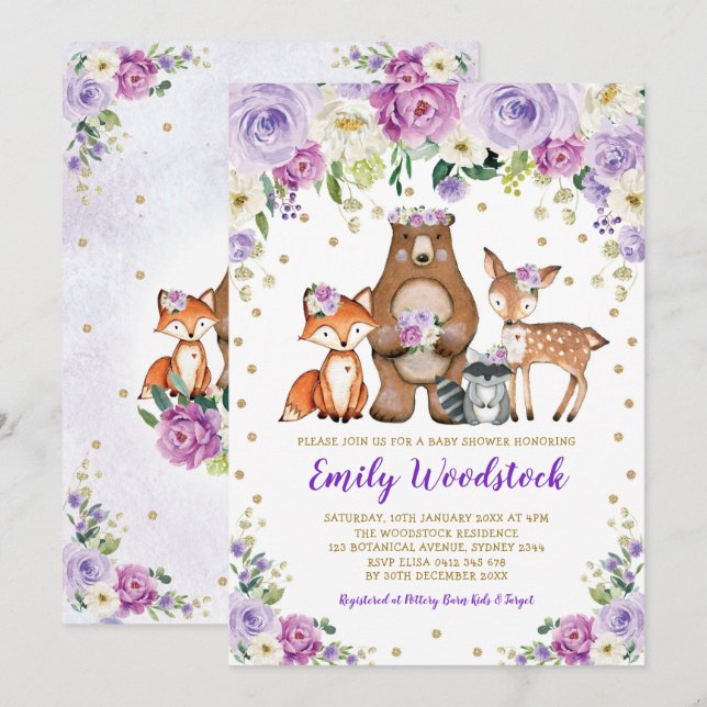 Lavender Gold Floral Woodland Animals Baby Dusche Einladung (Vorne/Hinten)